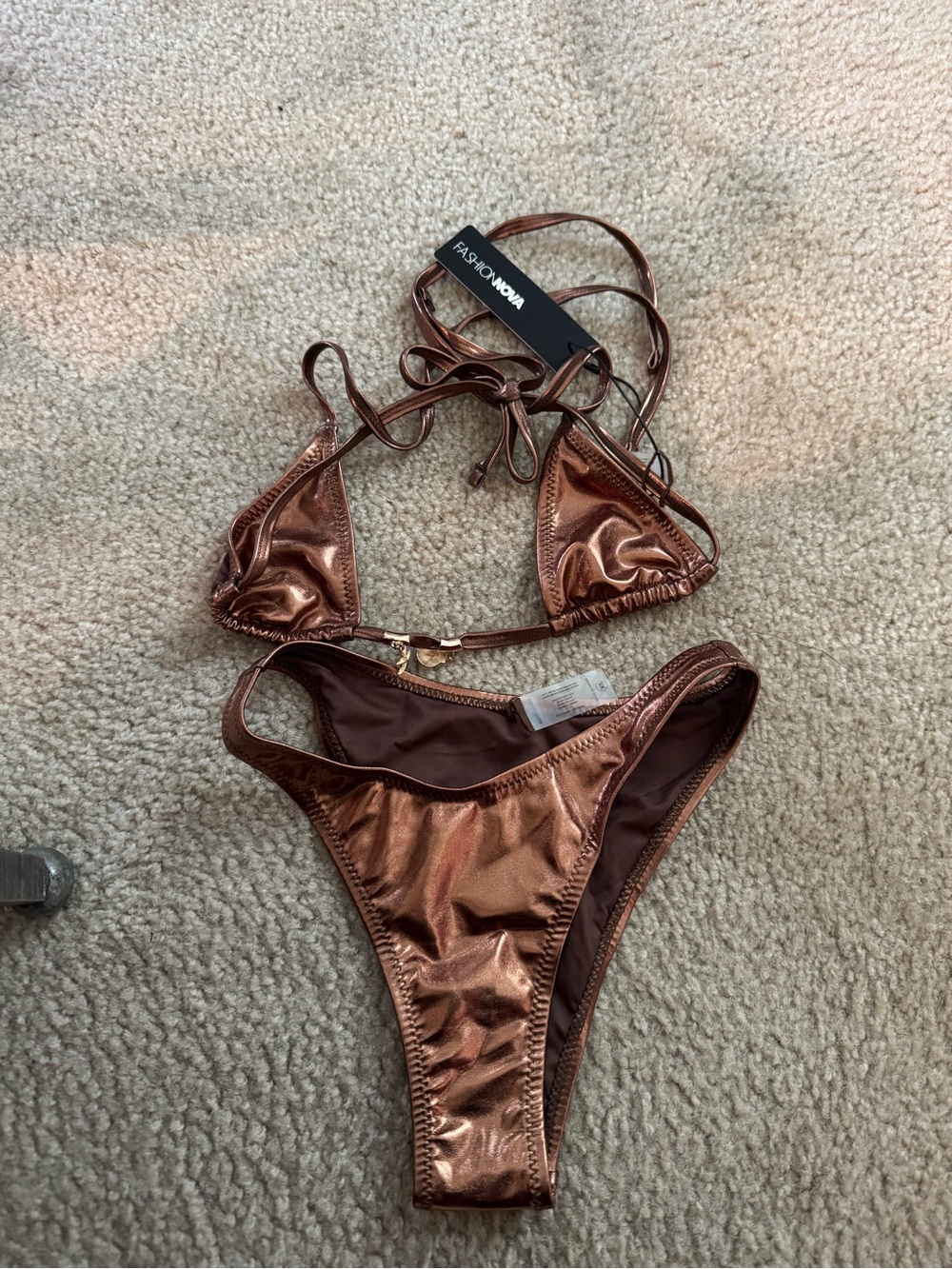 Fashion Nova Copper Metallic Triangle Bikini Set size xs
